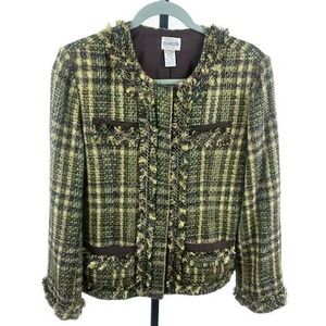 Chico's Tweed Plaid Blazer Women's Size 1 Medium 10 Fringe Open Front Jacket
